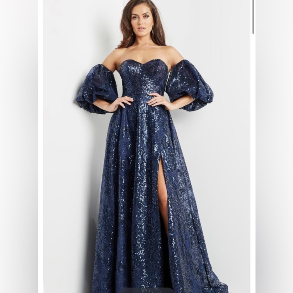 Jovani 22257 Detachable Sleeves High Slit Dress Formal Evening Navy Brand New
